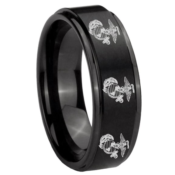 Multiple Marine Step Edge Brush Black Tungsten Men Ring 10MM