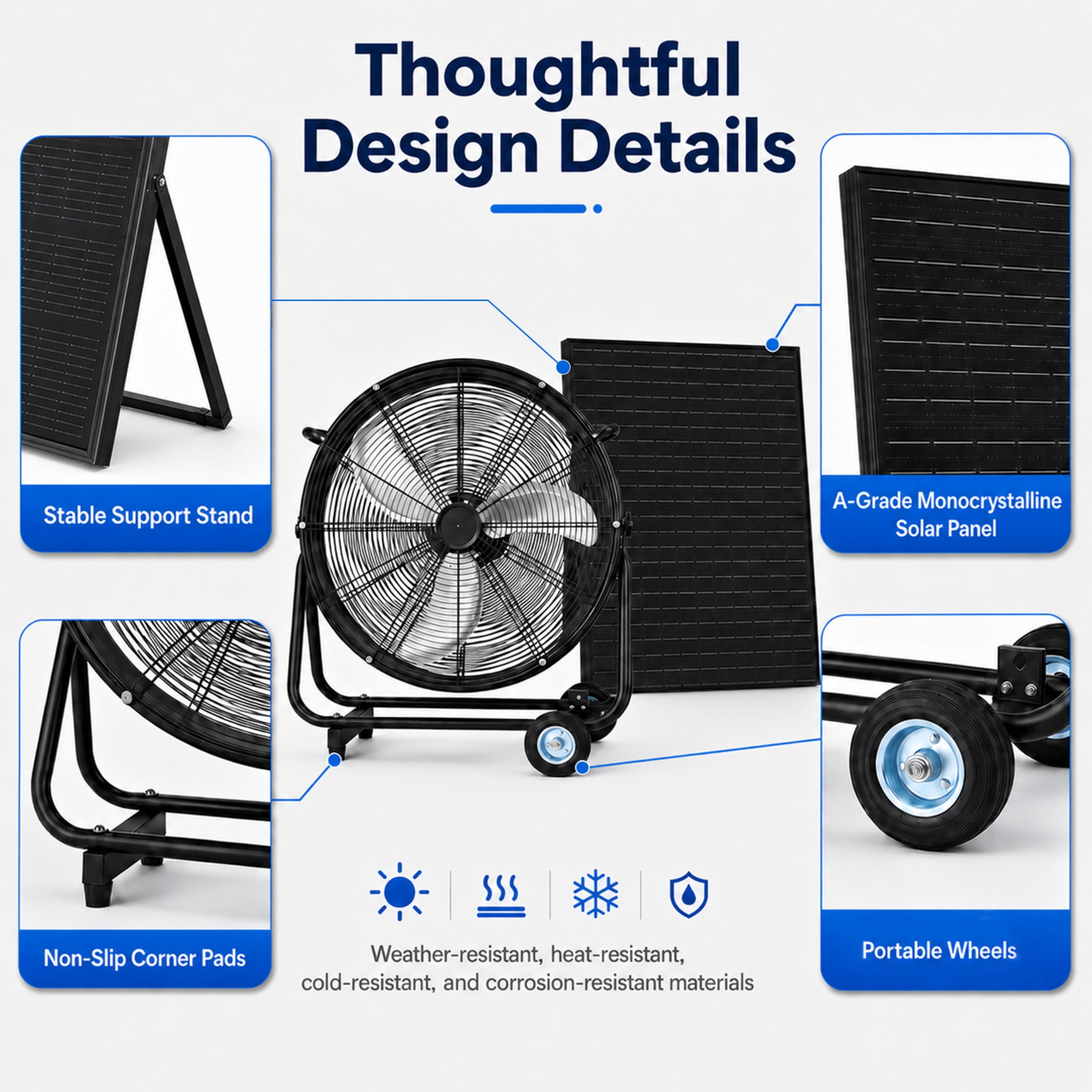 Noble House 24" Solar Floor-Standing Drum Fan, 140W Adjustable Panel Mobile Vent Fan with Casters, Black