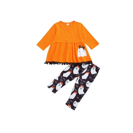

BeQeuewll 2Pcs Infant Halloween Outfits Long Sleeve Round Neck Top with Cartoon