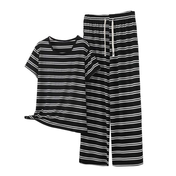 Women 2 Piece Outfits Plus Size Fashion Striped Short Sleeve Casual Tops and Wide Leg Pants Matching Lounge Sets