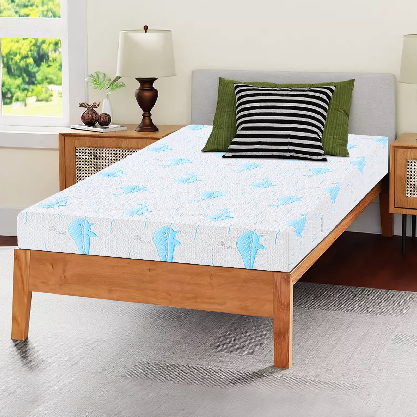 6 Inch Twin Mattress for Kids, Removable Washable Cover with Whales Pattern Cooling Memory Foam Medium Feel, Bed-in-a-Box, CertiPUR-US Certified, Twin, White/Blue