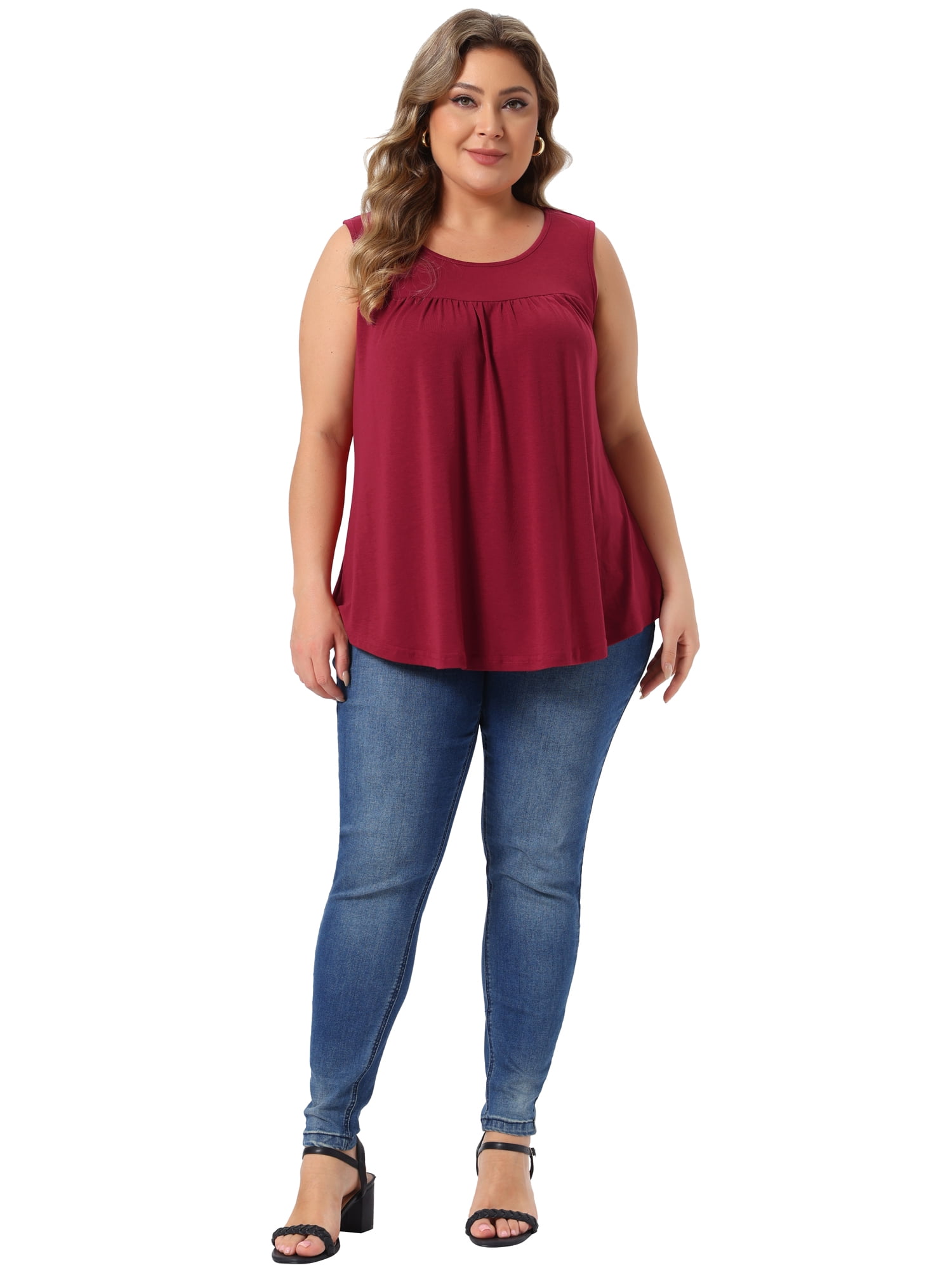 DARING DIVA Women's Plus Crew Neck Boho Pleated Curved Hem Tank Top Blouse 3X Burgundy