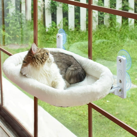 Urieessian Foldable Cordless Cat Window Perch, Metal Frame Window Hammock with 4 Strong Suction Cups, Ultra Soft Washable Cover & 4-Sided Bolster, Indoor Rest Bed for Large Cats and Kittens