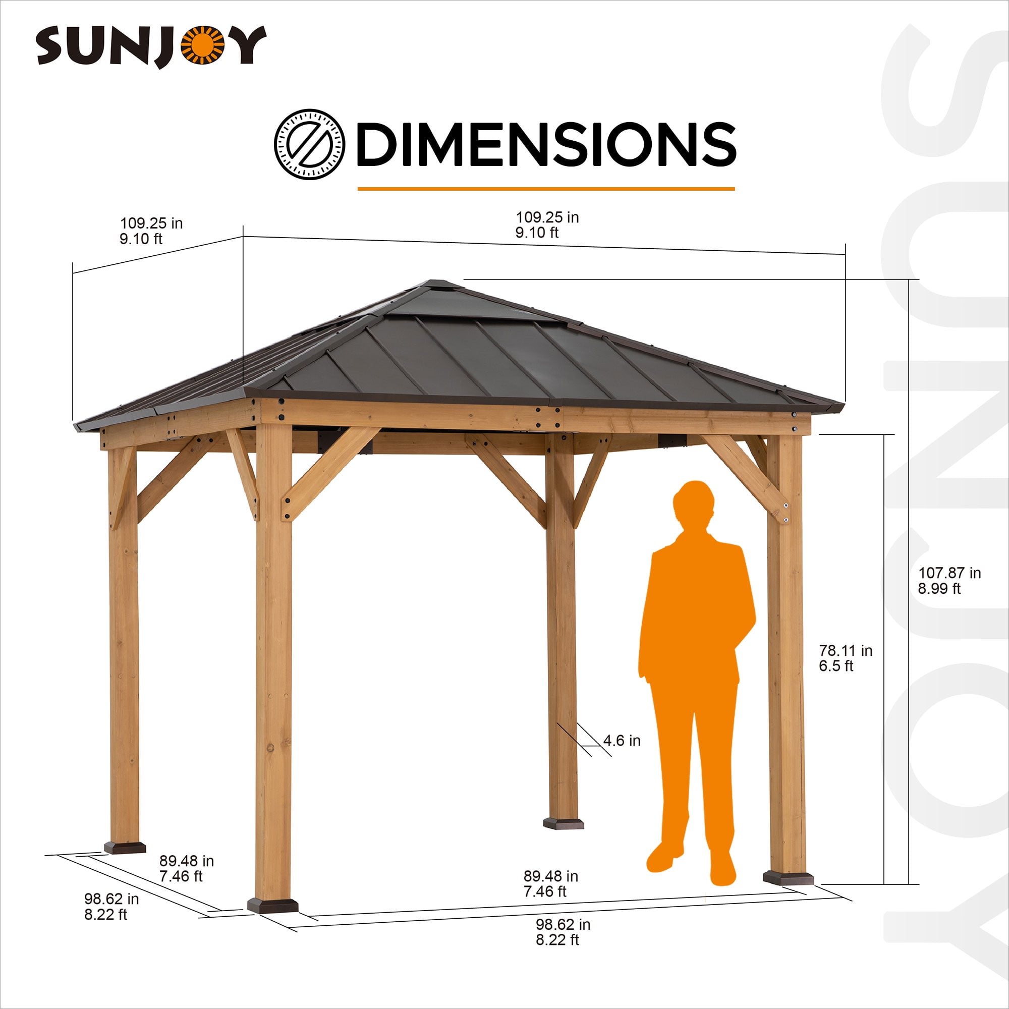 SUNJOY Hardtop Gazebo 9 x 9 ft. Cedar Framed Wood Gazebo with Brown Steel & Polycarbonate Pyramid Hip Roof and Ceiling Hook for Garden, Backyard Shade, Brown Roof + Natural Wood Frame