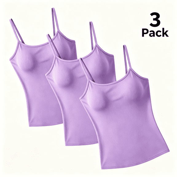 Fatuov 3-Pack Camisole Tank Tops for Women with Built-in Bra, Soft Stretchy Slim Fit Spaghetti Strap Undershirt, Crew Neck, Sleeveless Ribbed, Yoga, Casual, Going Out Cami Tops