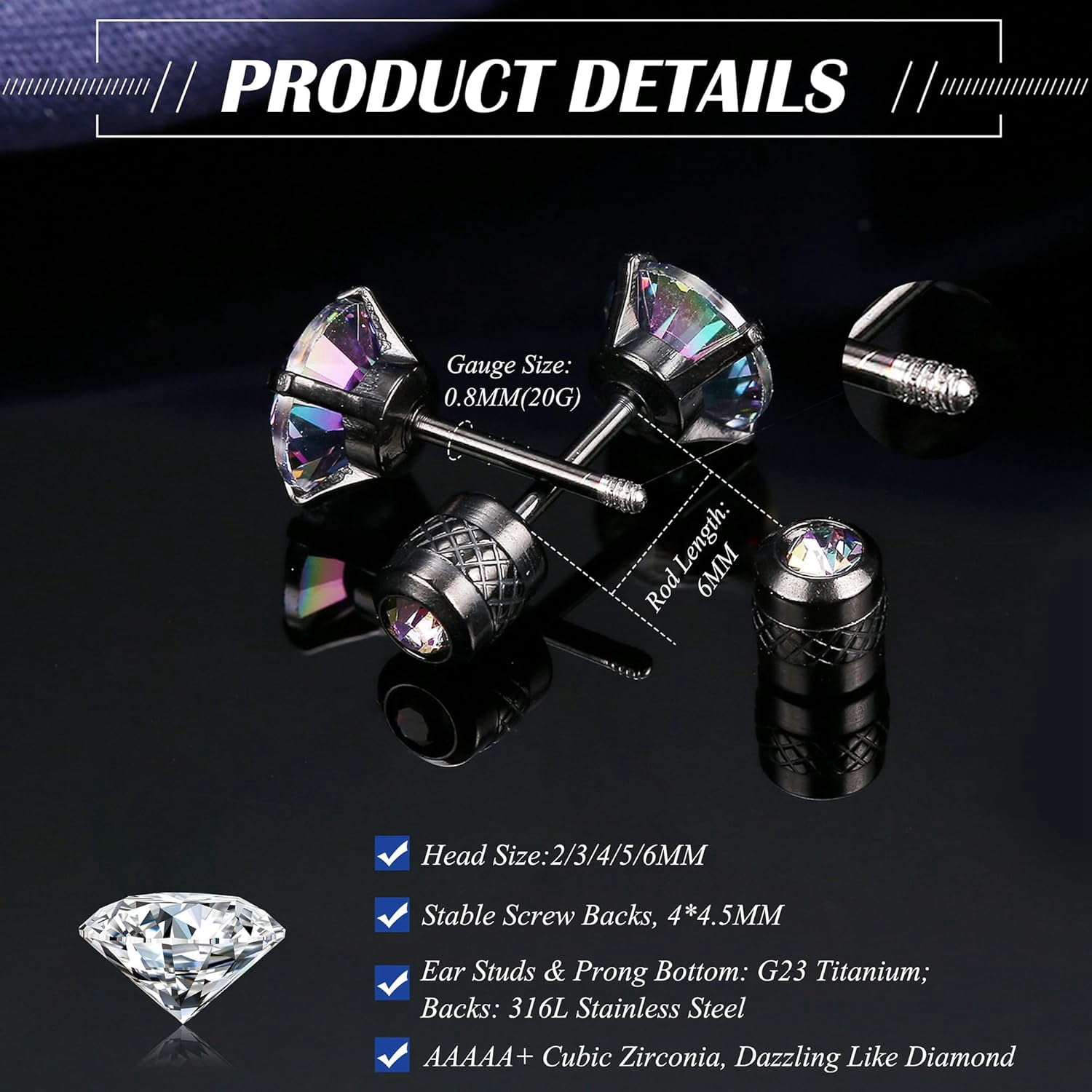 5 Quality Pairs Titanium Flat Back Earrings Cubic Zirconia Stud Earrings for Women Screw Back Earrings Studs 2-6MM CZ Studs Earrings[z012]