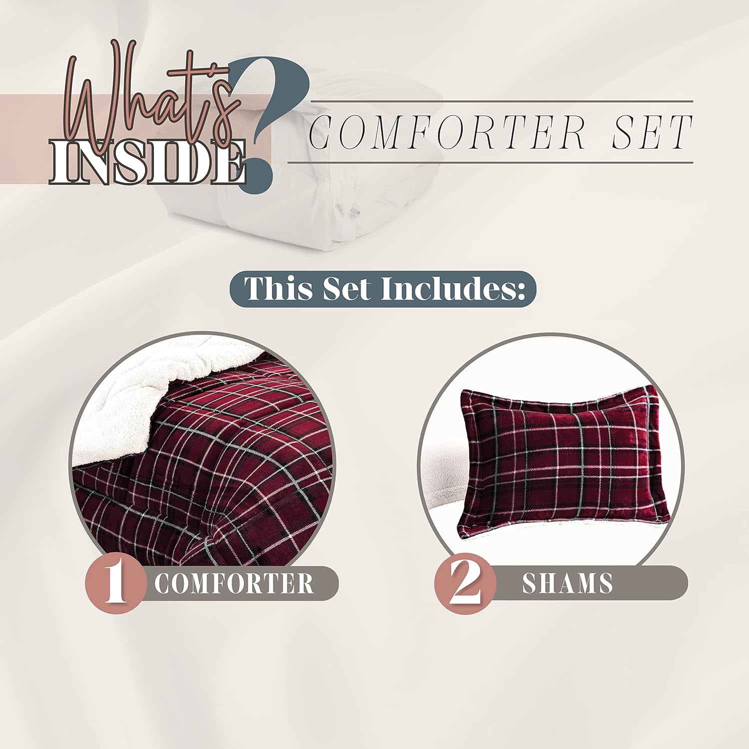 Elegant Comfort Soft & Plush Sherpa Comforter - Lilith Plaid Collection, 3-Piece Bed Set, Reversible Down Alternative Micro-Suede, Plaid Design, Cal King, Dark Burgundy