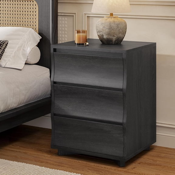 Nightstand with 3 Drawers, Wooden End Side Table with Large Storage, Modern Wave Shaped Nightstand, Silent Slides, Bedside Table for Bedroom,Living Room,Office,Black