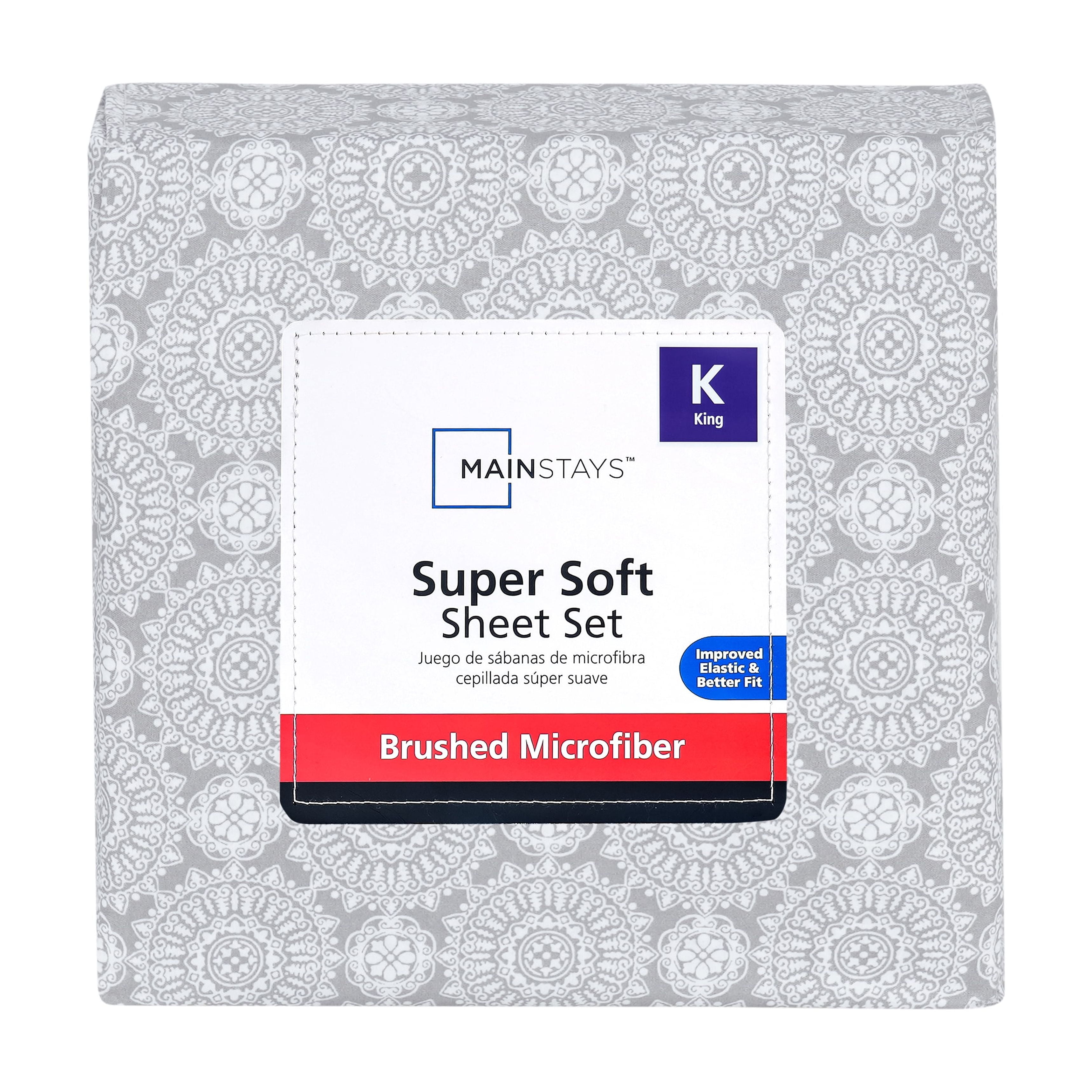 Mainstays Super Soft Brushed Microfiber Bed Sheet Set, Gray Medallion, King, 4 Piece