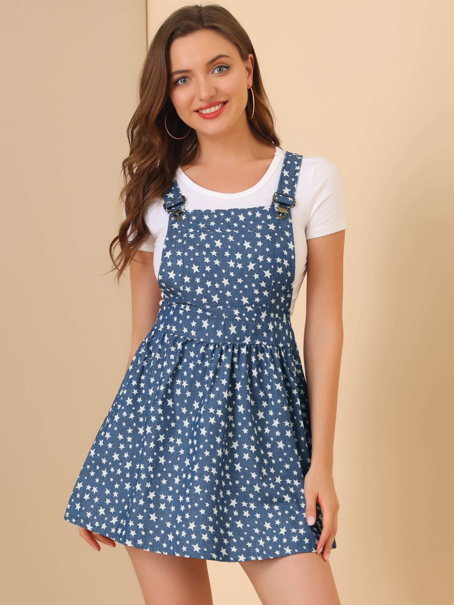 DARING DIVA Polka Dots Pattern Suspender Mini Overall Dress Skirt L Blue-Stars