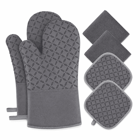 Oven Mitts and Pot Holders 6-Piece Set, Heat Resistant 500°F Extra Long Oven Gloves with Non-Slip Silicone Grip for Cooking, Baking, BBQ, Gray