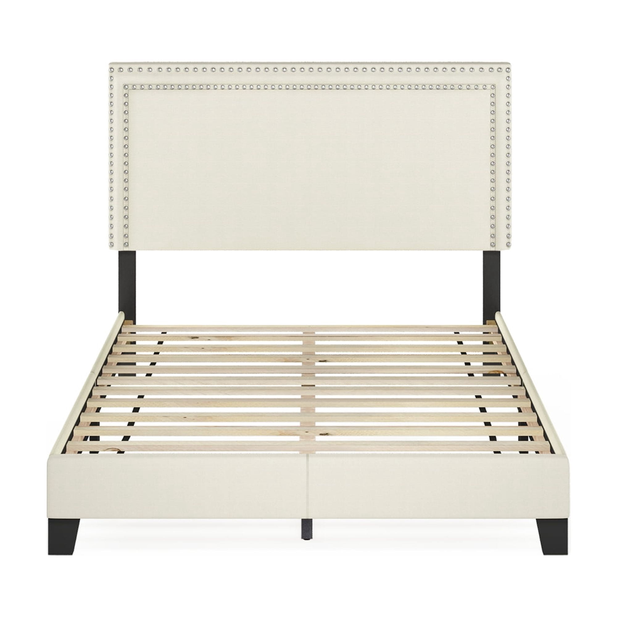 Furinno LAVAL Full Upholstered Bed Frame with Double-Row Nailhead Headboard and 12-Piece Wooden Slat Support, Light Beige