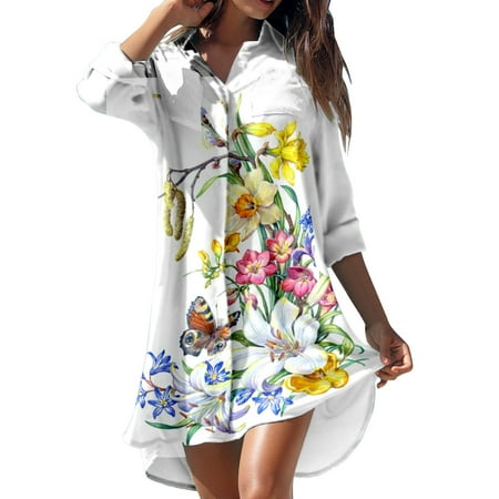 

QIPOPIQ Women Dresses Clearance Women s Summer Casual Turn-down Collar Long Sleeve Printed Smock Buttons With Pocket Shirt Dresses