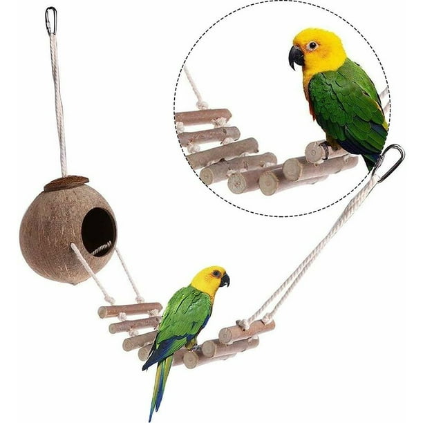 Nido de pájaro de coco natural Jaula de pájaro de coco Nido de pájaro natural con escalera Pájaro Coco Casa Loro Columpio Nido Puente Escalera para jaulas de pájaros 67 cm para hámsteres,