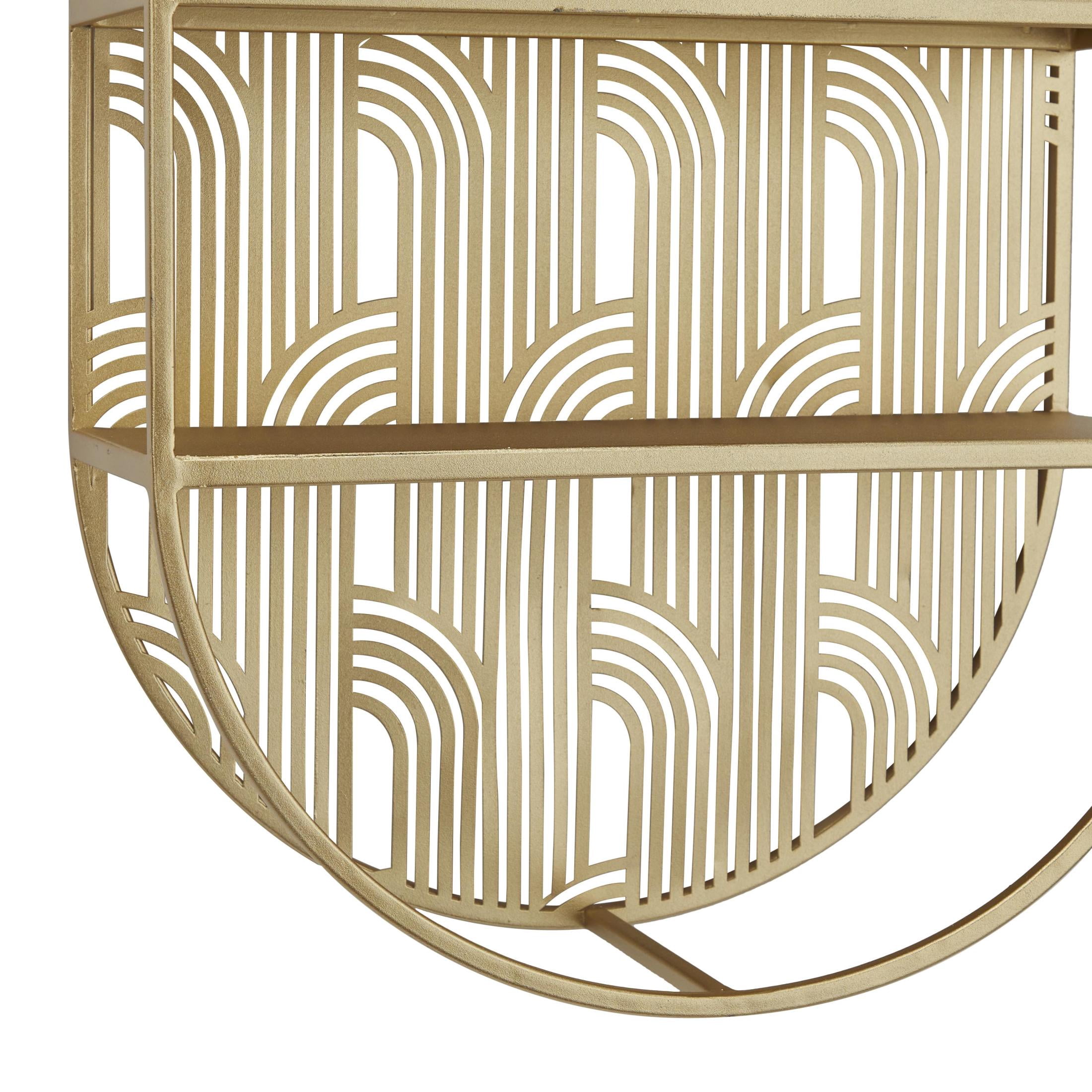 CosmoLiving by Cosmopolitan Glam Metal 3 Tier Oval Wall Shelf with Curved Line Pattern and Gold Polished Finish, 16"W x 28"H
