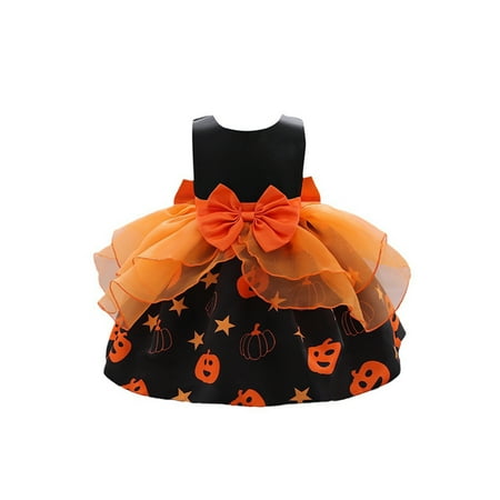 

Girls Halloween A-line Dress Sleeveless Pumpkin Print Tulle Bow Dress