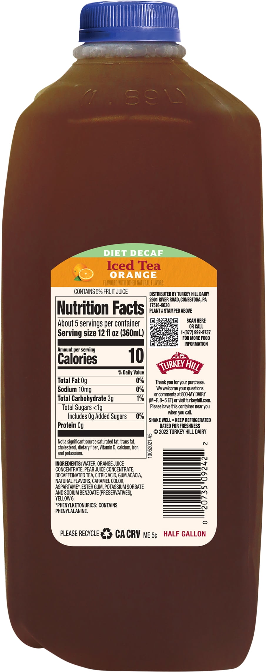 Turkey Hill Diet Decaf Orange Tea, Half Gallon