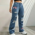 thumbnail image 4 of vigerkar Womens Baggy Ripped Jeans High Waist Butterfly Distressed Straight Leg Jeans Cut Out Boyfriend Denim Pants Blue, XL, 4 of 6