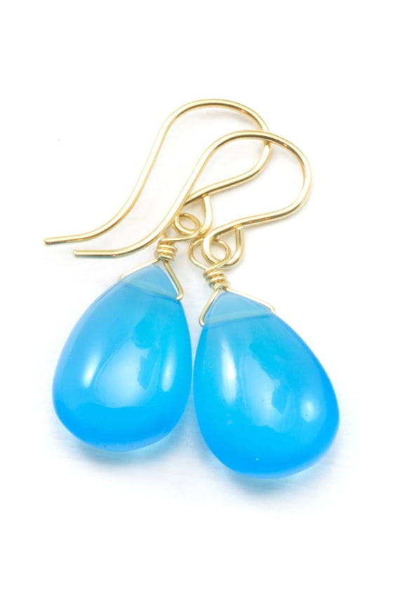 Chalcedony Earrings Sky Blue Smooth Cut Pear Shape Teardrop 14k Yellow Gold Filled Spyglass Designs