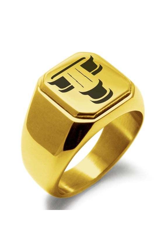 Stainless Steel Letter T Initial 3D Monogram Engraved Engraved Square Flat Top Biker Style Polished Signet Ring