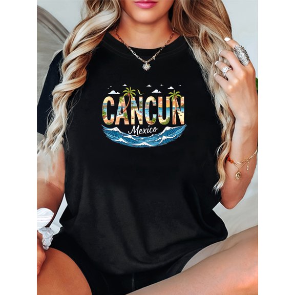 Cancun Mexico Print Crew Neck Short Sleeve Casual T-Shirt