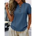 thumbnail image 4 of Henley Shirts for Women Contrast Stitching Short Sleeve Blouse Button Down Stand Collar Tunic Tops Blue L, 4 of 6