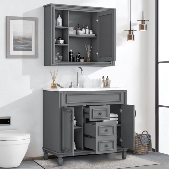 36" Bathroom Vanity Set with Resin Sink and Wall Mounted Mirror Cabinet, Modern Freestanding Single Cabinet Combo with Storage Shelves & 2 Drawers & 2 Soft Closing Doors, Vintage Handles, Gray