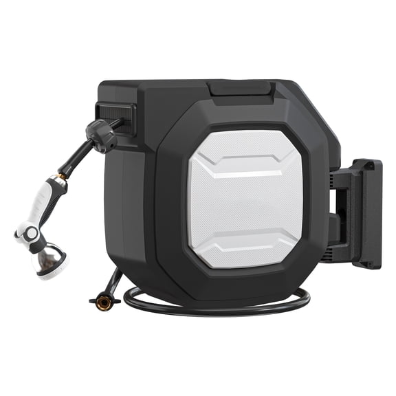5/8" X 100 FT 6FT Heavy Duty Retractable Hose Reel, UV Resistant Garden Hose Reels - Slow Self Retract Wall Mount Hose Reel Automatic Storage, Any Length Lock 180° Swivel, 10 Pattern Nozzle