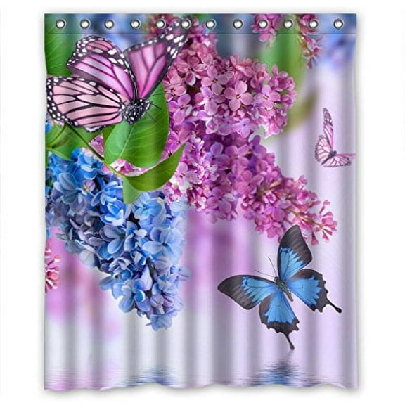 Libin Pink Purple Flower Blosom Butterfly Shower Curtain Polyester Fabric Bathroom Decorative Curtain Size 60x72 Inches