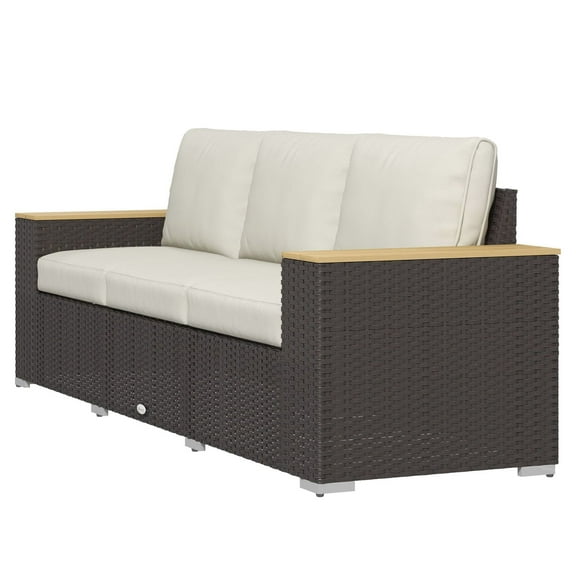 3-Seat Patio Sofa with Cushions, Beige PE Rattan Outdoor Couch, Wood Grain Armrests for Porch, Garden, Poolside - Durable & Comfy