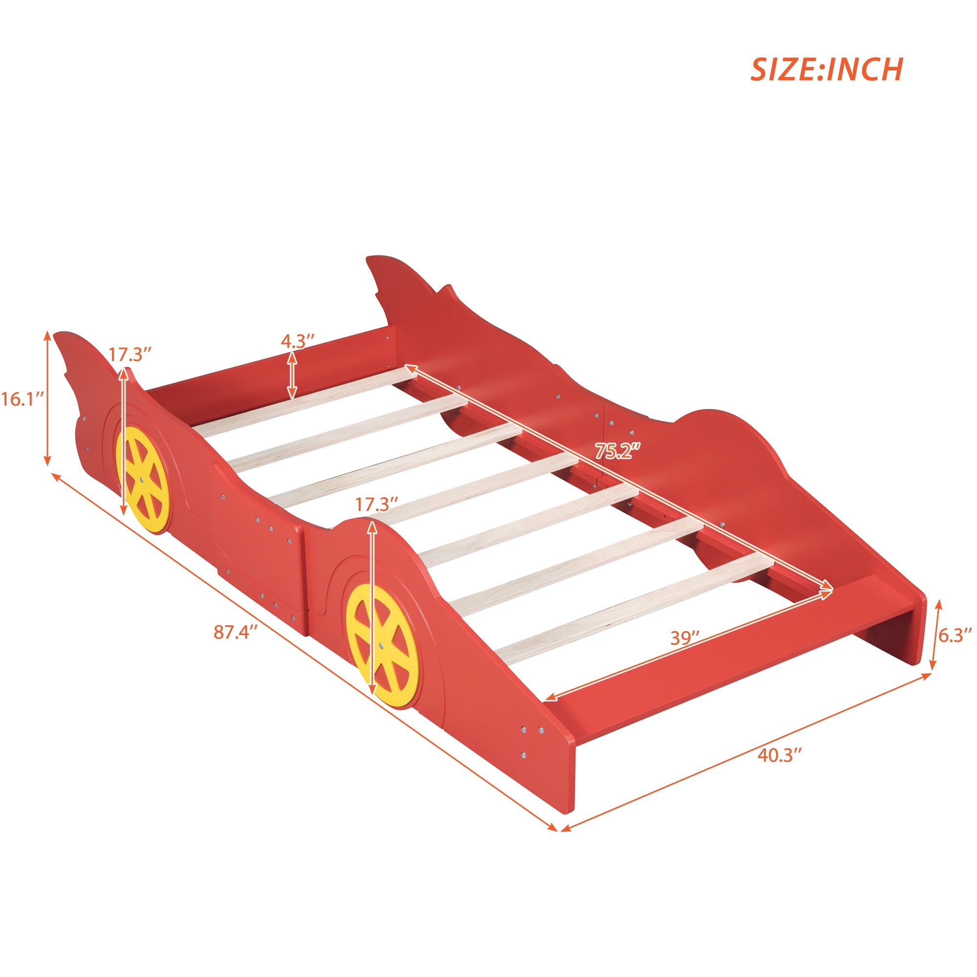 Solid Wood Race Car-Shaped Platform Bed with Wooden Slats, Bed with Wheels, Platform Bed with Headboard and Footboard, No Box Spring Needed (Red,Twin)