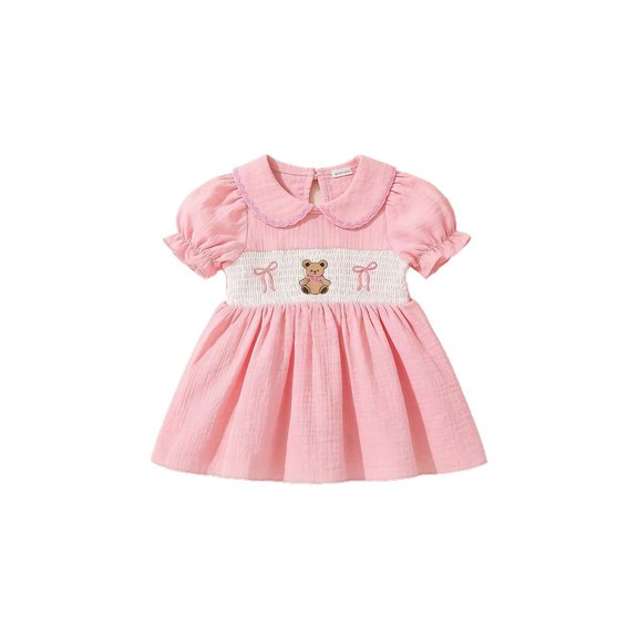 xfsWaSs Girls Summer Dress Toddler Baby Girl Dress Cute Embroidery Collar Short Sleeve Sundress Child Princess Smocked Dresses 12-18 Months
