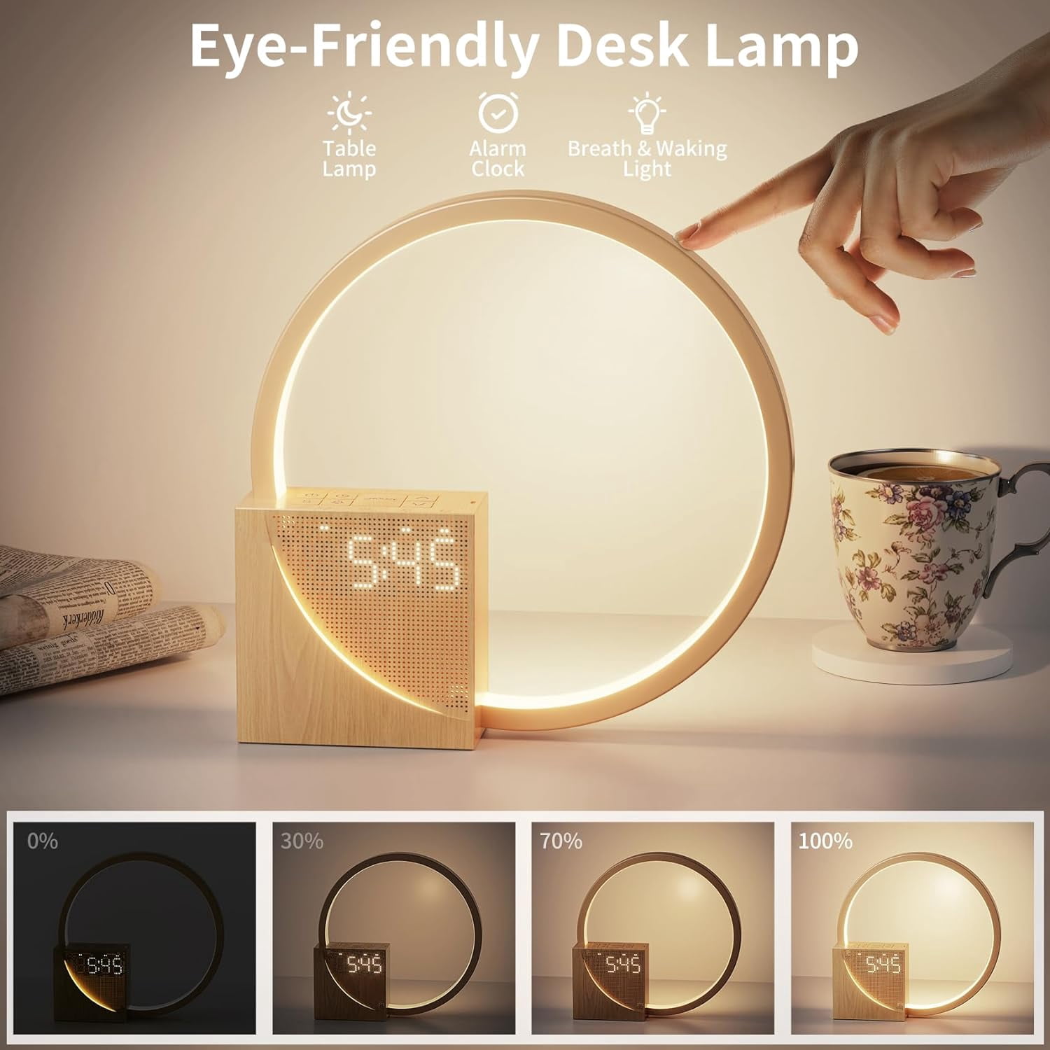 LED Bedside Lamp with Alarm Clock, USB Charging Ports, Touch Dimmable, Wake Up Light with Two Alarms, 10 Natural Sounds for Adults and Children, 3 Levels Brightness for Bedroom, Living Room, Office