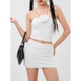 thumbnail image 6 of Yunliwuli Women Summer Skirts Outfits Solid Color 3D Flower Ruched Tie-Up Halter Neck Tank Tops Mini Skirts 2 Pieces Clothes Set, 6 of 10