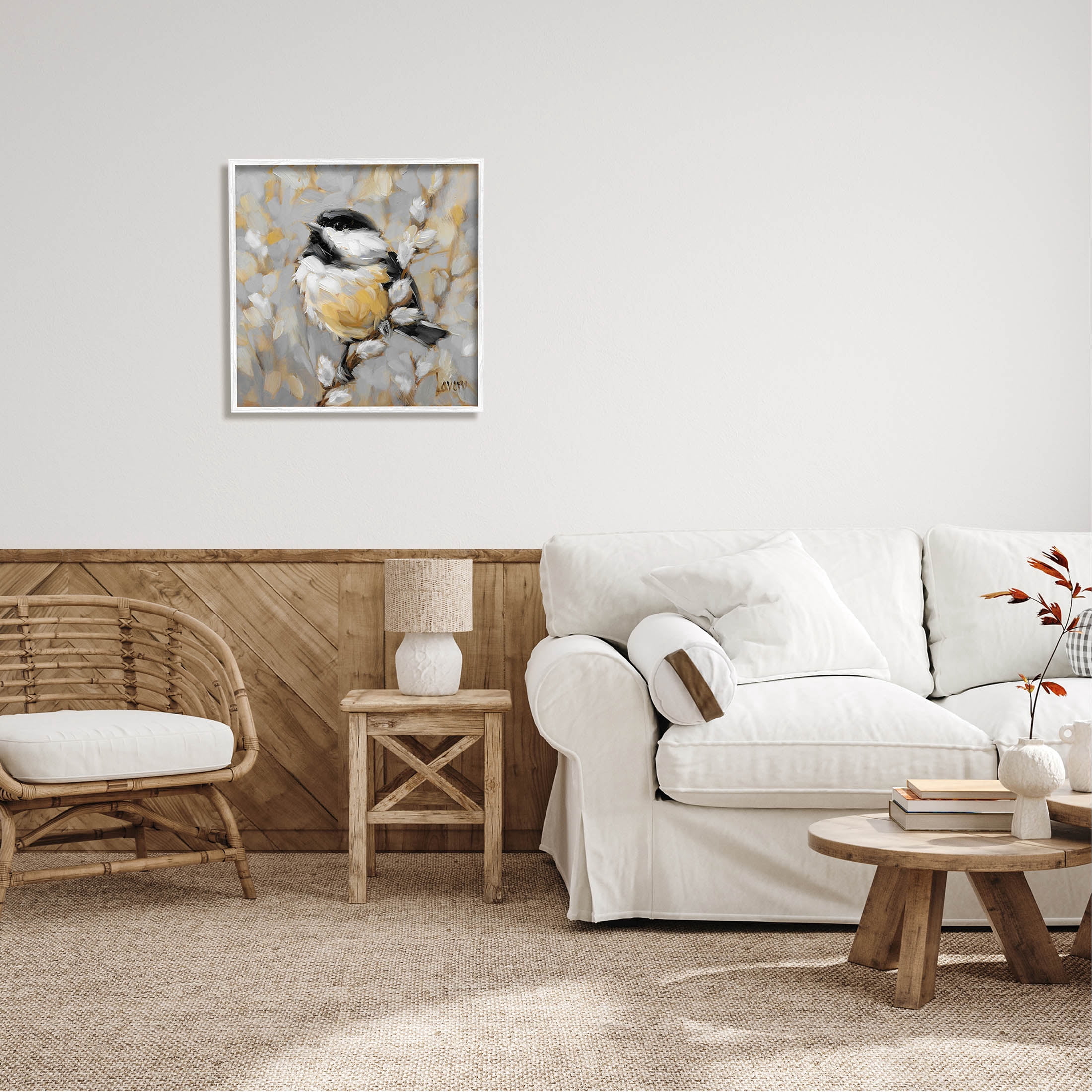 Bird Perched Pussy Willow Wildlife Animals & Insects Painting White Framed Art Print Wall Art