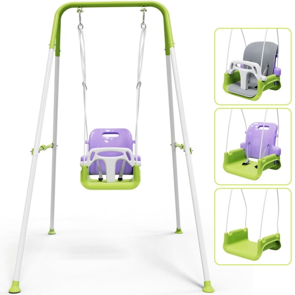 3-in-1 Toddler Swing with Soft Cushion Outdoor Toys, Baby Swing for Outside, Kids Swing with Metal Frame, Green & Purple