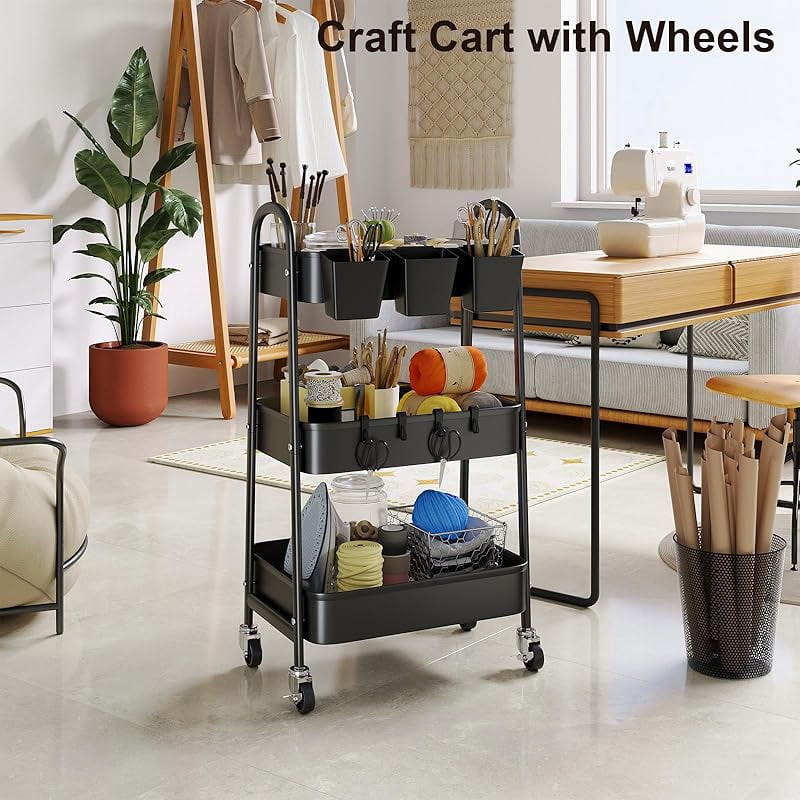 3 Tier Green Metal Rolling Cart with Lockable Wheels and Handle, 3 Tiered Utility Storage Organizer Carts for Teachers, Arts, Craft, Snack, Book, Bedside, Nursery, Cleaning Supplies, Easy Assembly