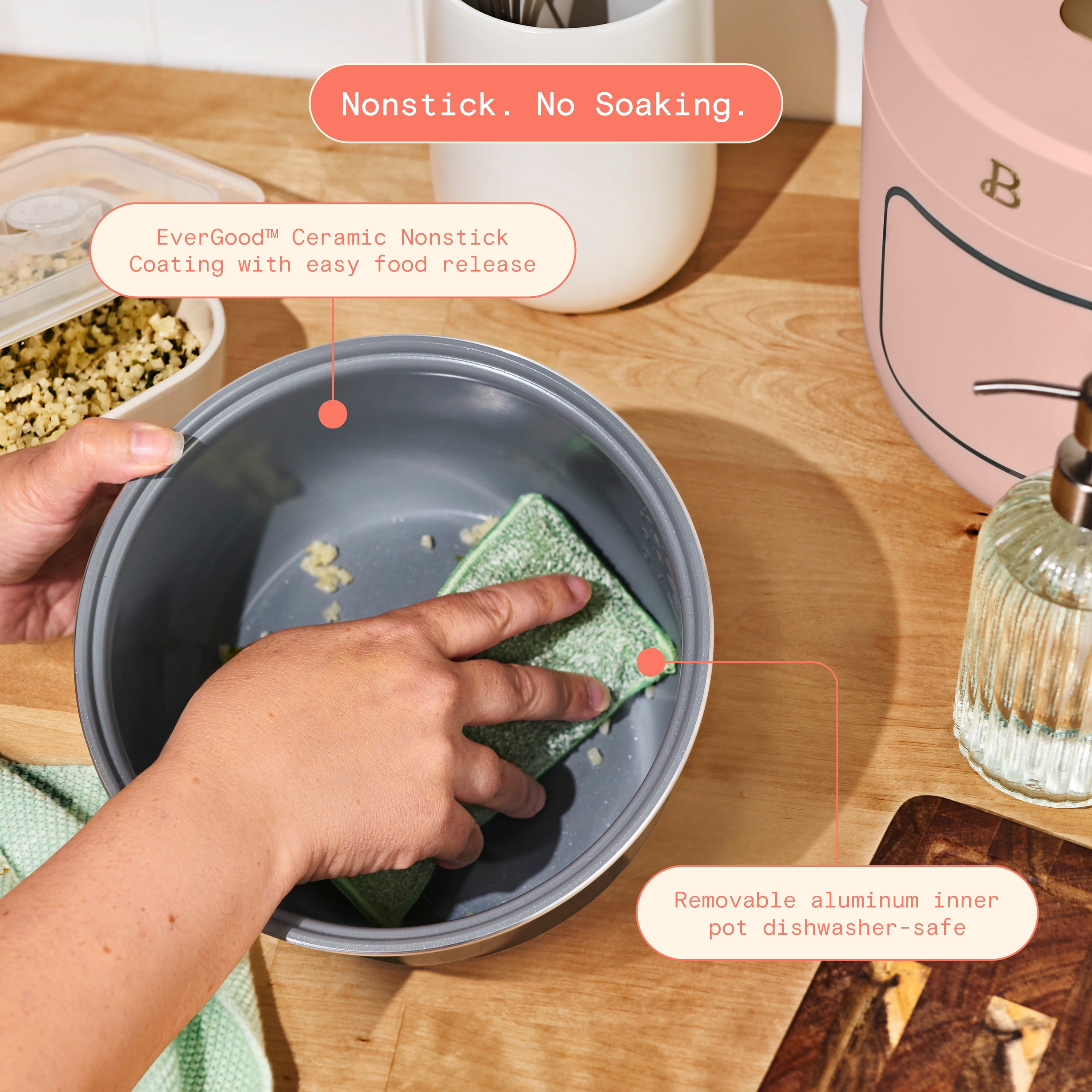 Beautiful 14-Cup Cooked, 6-Cups Uncooked Electric Rice and Grain Cooker, EverGood™ Ceramic Nonstick Coating, Rose by Drew Barrymore