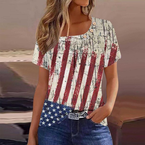 Fiudx Ofertas Flash Del Día Blusa de Manga Corta para El Día de La Independencia a La Moda para Mujer, Camiseta Estampada, Top Informal