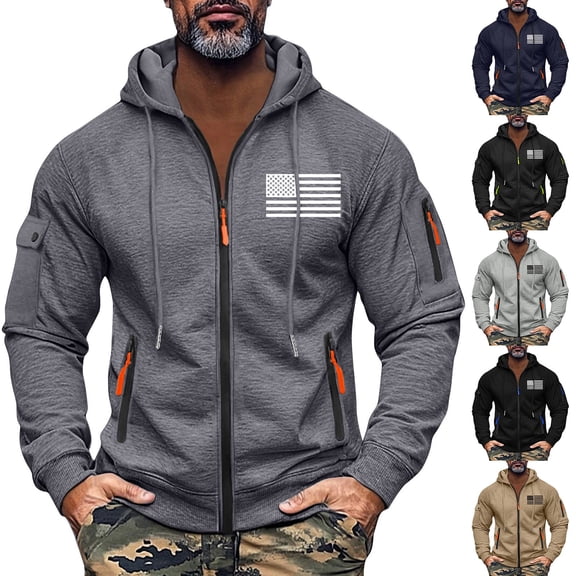 Men's Flag Print Hoodie with Zipper Arm Pocket, Fleece Cardigan Oversized Casual Pullover for Casual Style, Outdoor,Black,L