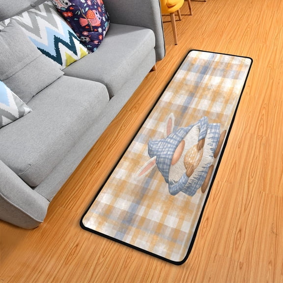 Gnome Holds Easter Eggs Plaid Background Long Floor Mat Runner Rug Area Rug Carpet Water Absorbent Non-Slip 72" x 24"