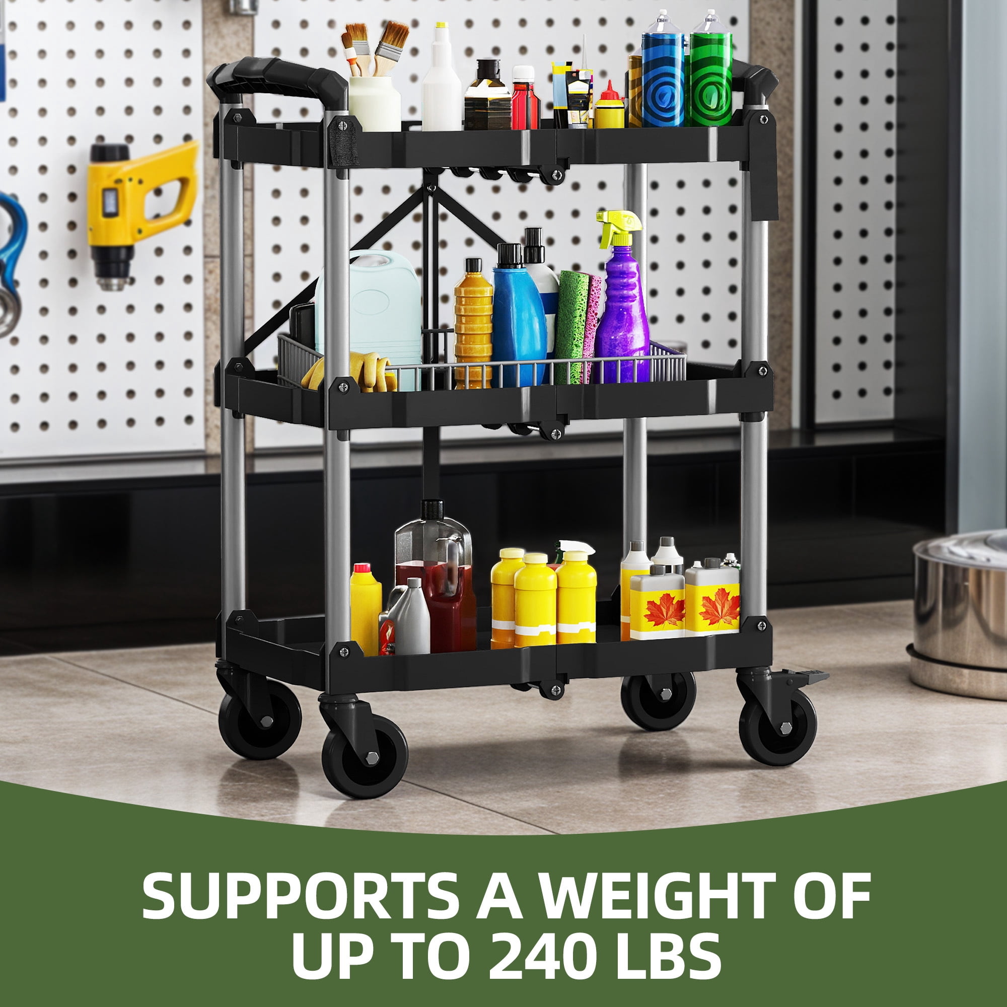 Uforic 3-Tier Heavy Duty Folding Service Cart, 240Lbs Capacity, Black Plastic with Aluminum Tubes, 58.5×39×83CM