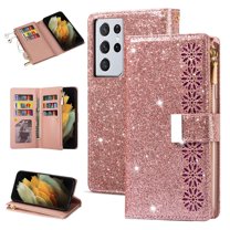 Dteck Galaxy S21 Ultra Wallet Case, Bling Sparkle Glitter PU Leather Magnetic Flip Case with Credit Card Slots/Hand Strap for Samsung Galaxy S21 Ultra, Rosegold