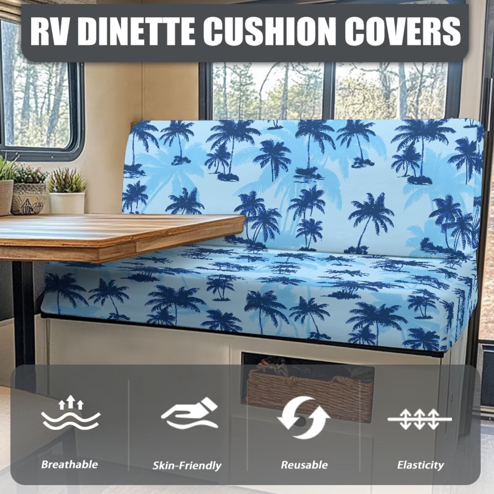 Uorisanigo Blue RV Dinette Cushion Covers, Stretch Coconut Tree Camper Dinette Seat Cover, Replacement RV Seat Cover, Cushion Slipcovers for Camper Include 1 Backrest & 1 Bench Covers