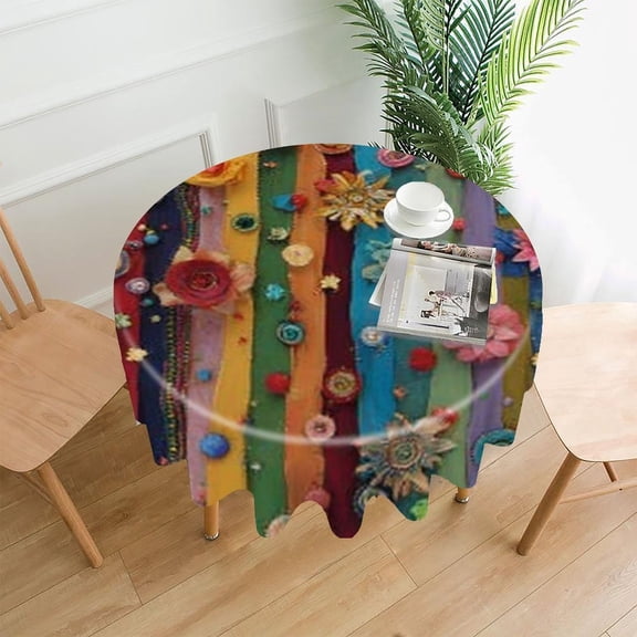 RKSupls 60 Inch Round Tablecloth, Rainbow Flower Stripes Premium Polyester Straight Edge Wrinkle Resistant Washable Table Cover for Party Home Dining Decor