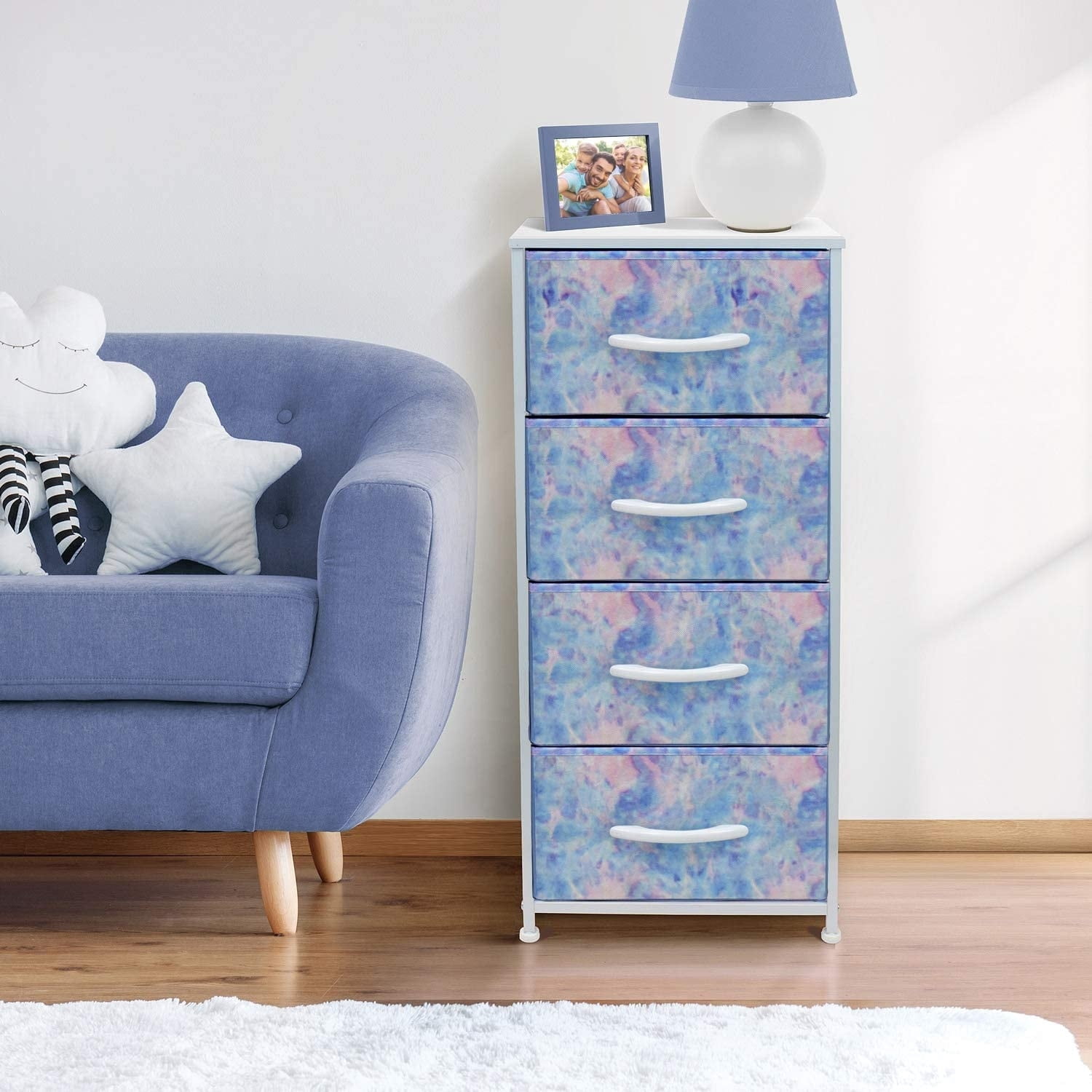 Sorbus 4 Drawer Bedside Nightstand Chest Tower Bedroom Dresser, Pastel Colors Tie-Dye Blue