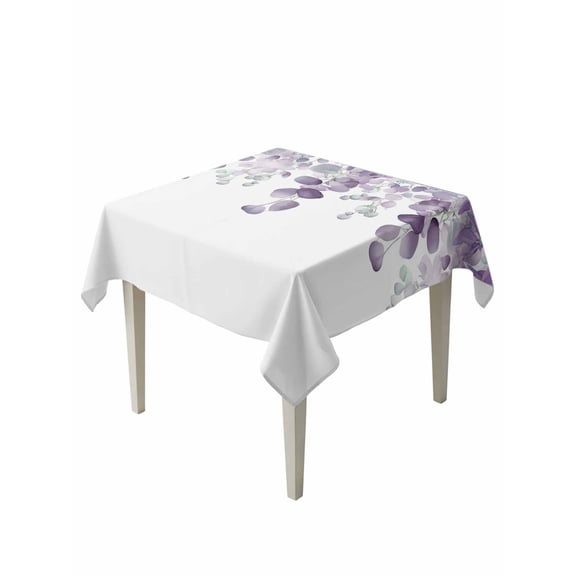 Purple Teal Botanical Table Cloth, Watercolor Spring Eucalyptus Leaves Waterproof Tablecloth for Square Tables, Reusable Washable Fabric Table Cover for Restaurant Kitchen Dining Tables 54"x54"