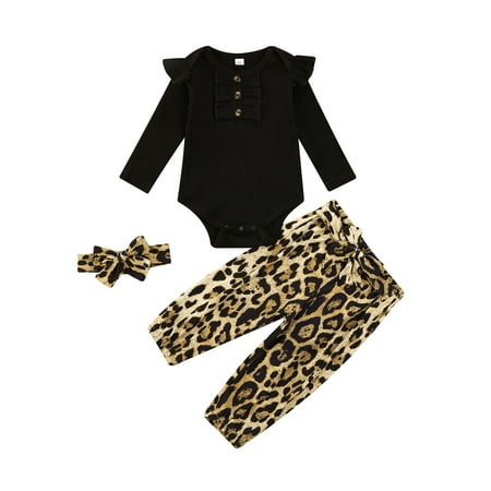 

Sunisery Newborn Baby Girl Spring Autumn Clothes Long Sleeve Letter Romper Bodysuit Leopard Pants Headband 3PCs Outfits Black & Leopard 6-9 Months