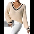 thumbnail image 3 of Suéter Holgado de Punto A Rayas de Larga para Mujer, Estilo Preppy, para Otoño e Invierno, con Cuello en V Albaricoque L, 3 of 8