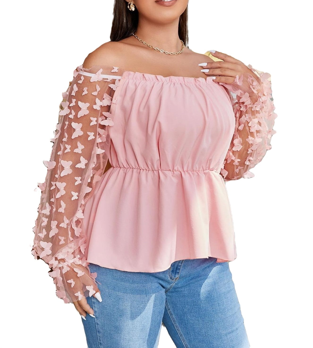 Party Plain Off the Shoulder Peplum Top Long Sleeve Baby Pink Plus